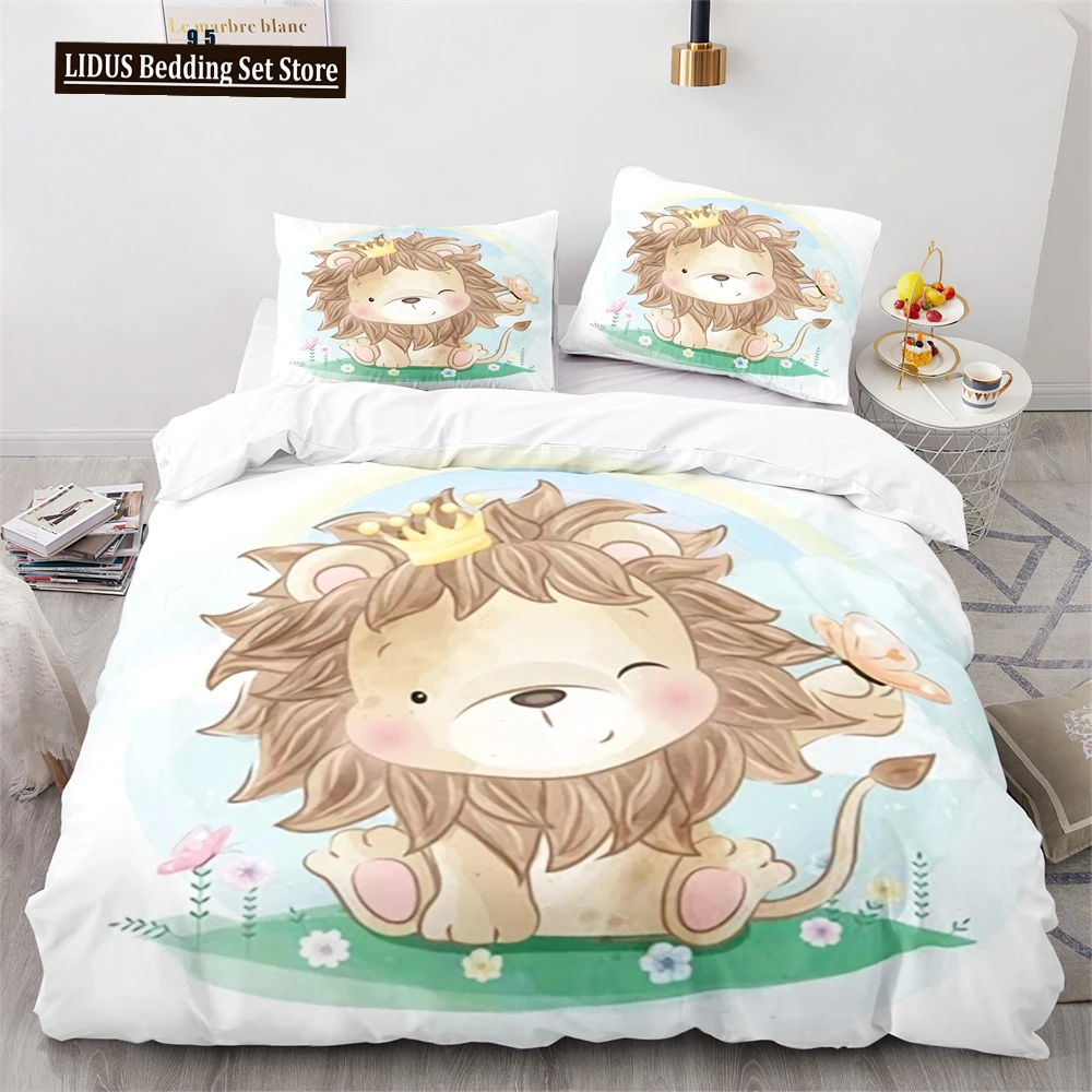 

Lion Duvet Cover Set Cartoon Pattern Wild Animal Lion Cute Style Full Size Bedding Set Polyester Comforter Cover With Pillowcase