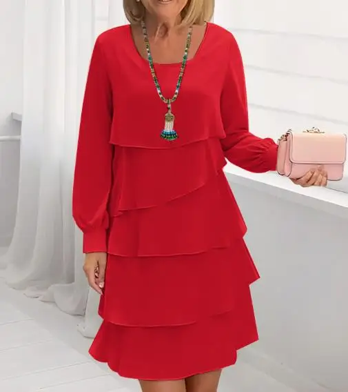 

Autumn Fashion Cake Dress for Women, Loose Fitting Round Neck Long Sleeved Dress, Elegant Solid Color Long Sleeved Chiffon Dress