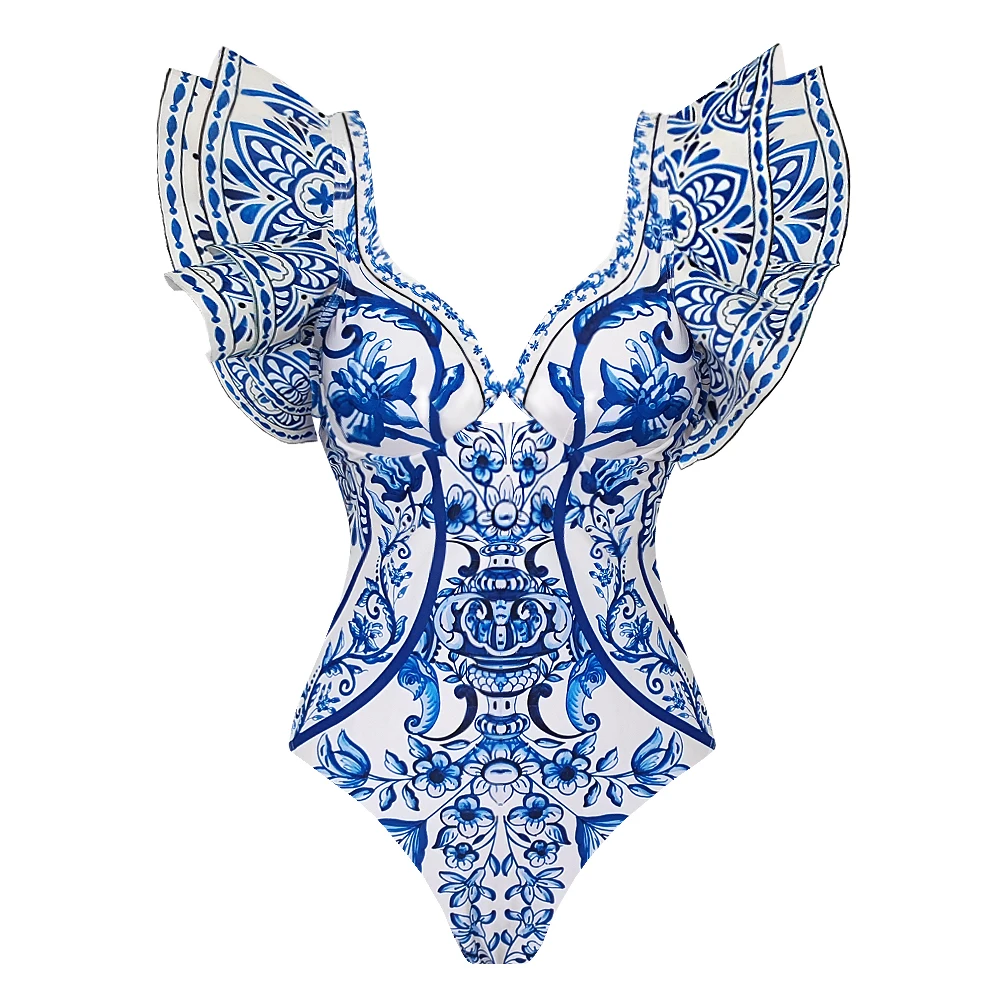 Costume da bagno intero con volant stampato con copertura Costumi da bagno sexy da donna Costumi da bagno con pancia piatta Costume da bagno Cintura Body Gita in spiaggia