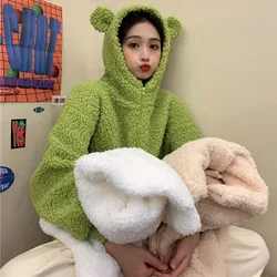 Autumn Winter Women Avocado Color Zip-up Sweatshirt Kawaii Fleece Faux Fur Long Sleeve Hooded Teddy Bear Ears Soft Hoodies