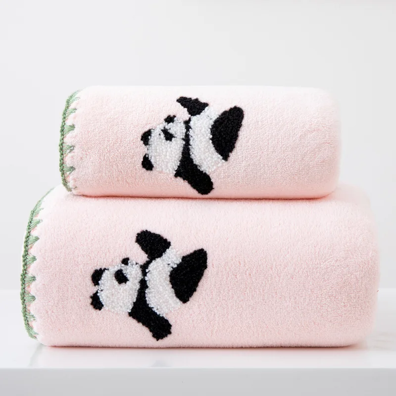 

Panda Bath Towel 2-Piece Set Soft Fluffy Cotton Bath & Hand Towels with Cute Pattern Quick Dry Bathroom Towel Set for Women Kids