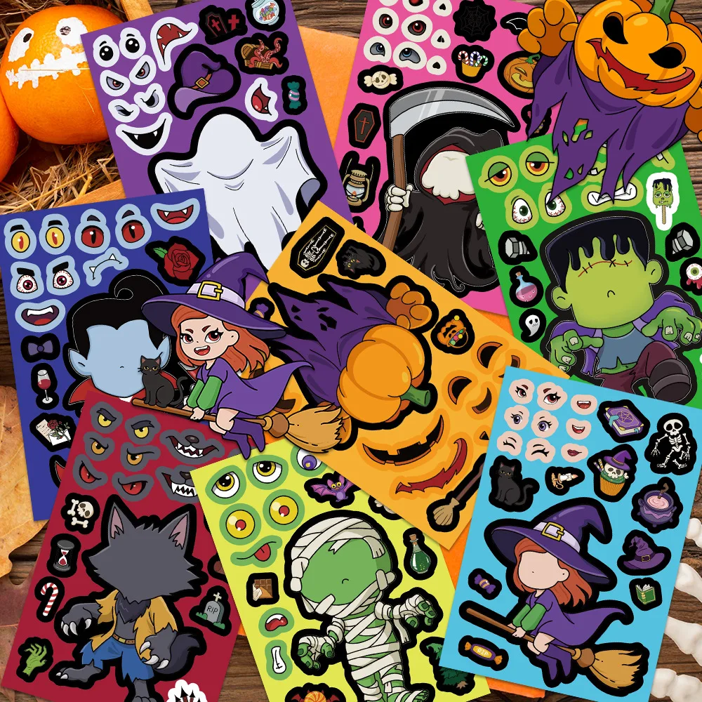 Halloween Puzzle Stickers for Kids 8pcs DIY Make a Face Assembly Jigsaw Pumpkin Ghost Party Favors Educational Craft Toy Gifts