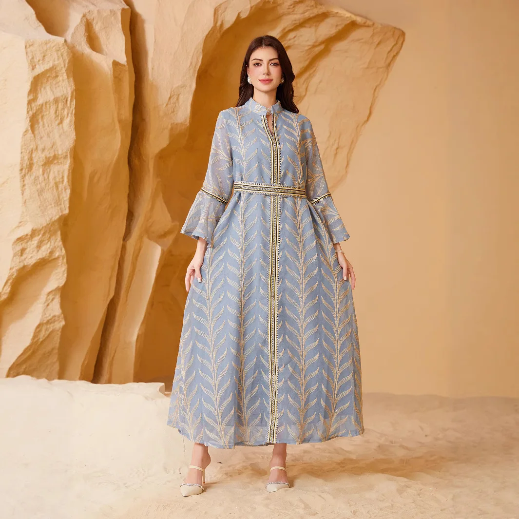 

Middle East New Fashion American European Women's Casual Trendy Elegant Embroideried Long Flare Sleeve Stand Collar Robe Dress
