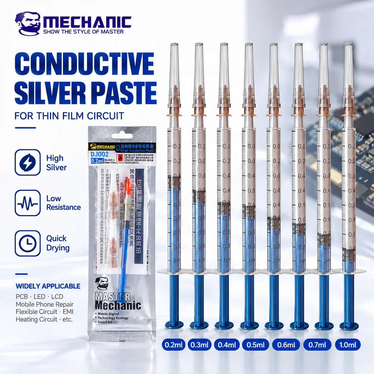 MECHANIC DJ002 Series Conductive Silver Paste High Adhesion Low Resistance Quick Dry for Flexible Circuit PCB Broken Wire Repair