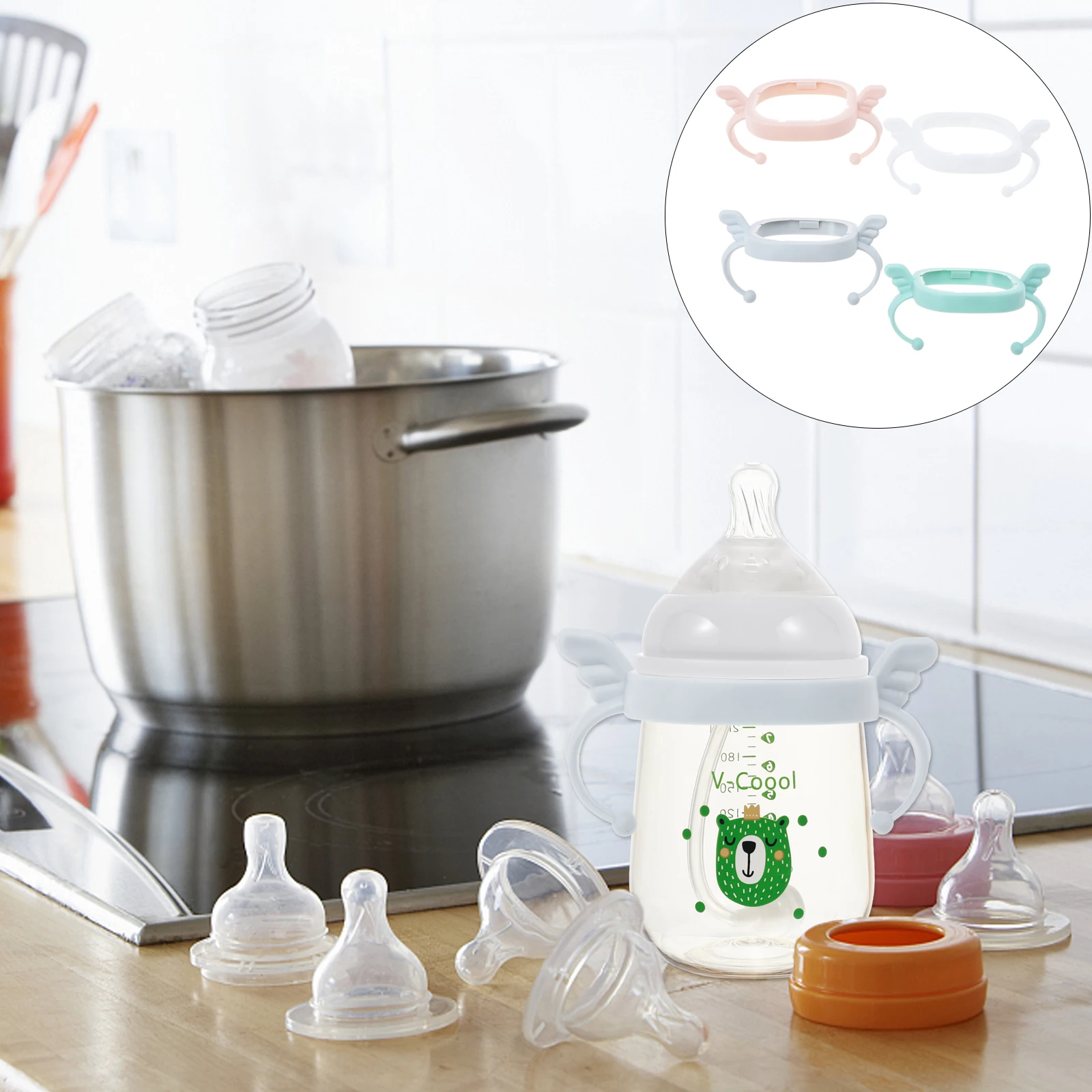 

4Pcs Square Silicone Baby Bottle Handle Comfortable Grip Replacement Feeding Bottle Handle Easy Transition Pink Green White Gray