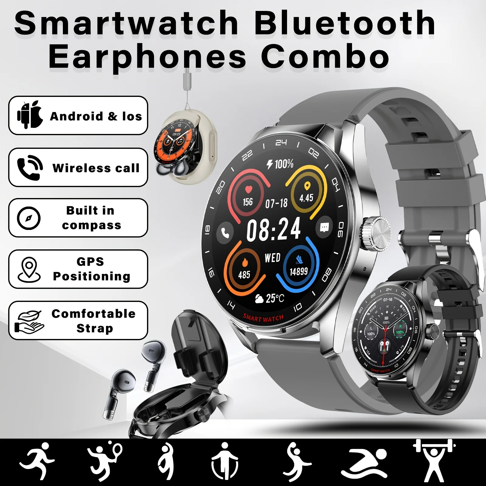 

2-in-1 Smart Watch with Built-in TWS Earbuds Bluetooth Call, Music Playback Health & Fitness Tracker for Men Women Calling watch