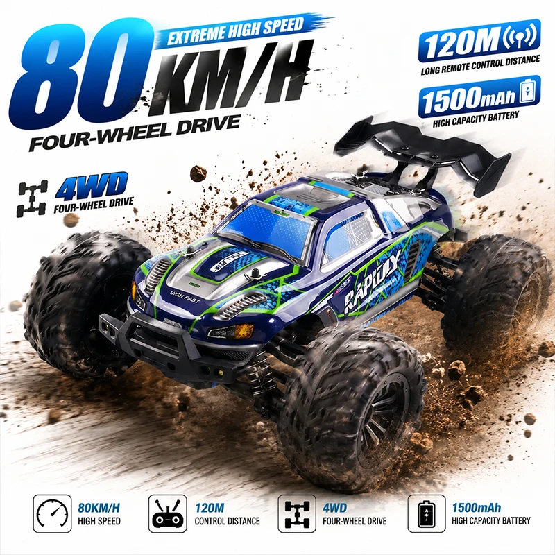 

4WD Christmas Gift 80KM/H RC Monster Truck 120M Range 1500mAh High Speed Off-Road Remote Control Car for Hobbyists