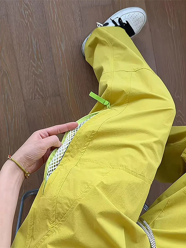 Quick Dry Ice Silk Work Trousers Lemon Yellow Side Zipper Waterproof Men Women Summer Thin Sport Casual Summer Pants