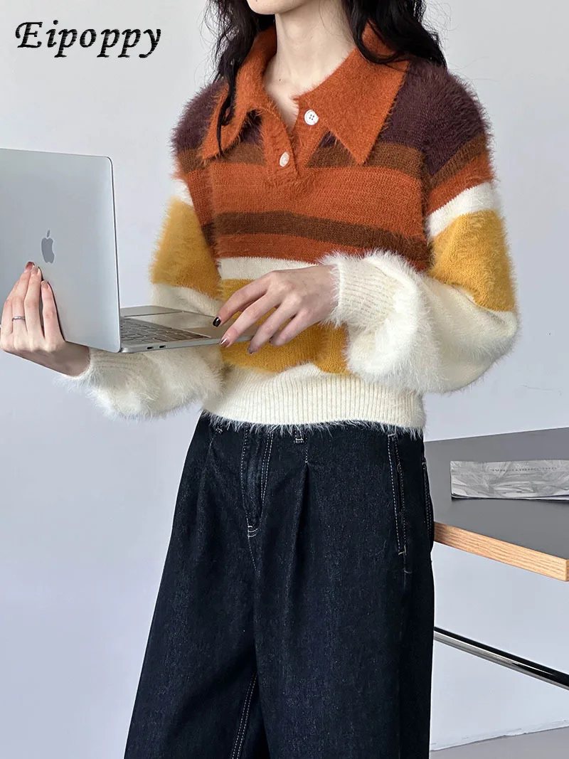 เสื้อถักผู้หญิงหลากสี, เสื้อเบลาส์ดีไซน์ย้อนยุคคอปกเกาหลีใส่สบายฤดูใบไม้ร่วงและฤดูหนาว