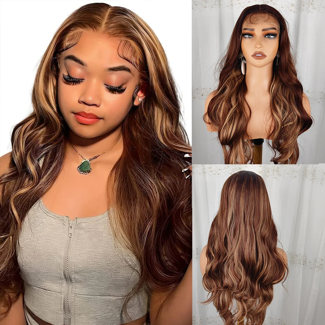 Perruque Lace Front Wig synthétique bouclée longue brune ombrée pour femme, perruques longues ondulées, avant en dentelle T, style naturel, degré de chaleur, utilisation 03, 13x4.5x1