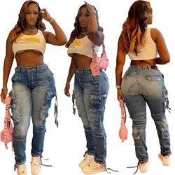 European and American women's clothing washing old, retro low-waisted zipper, multi-pocket cargo stretch jeans, women's pants