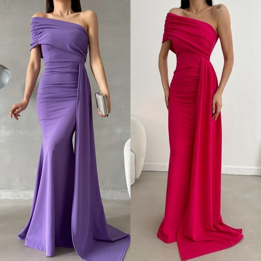 Customized Classic Simple One-Shoulder Trumpet / Mermaid Pleat Ruched Floor-Length Satin Bespoke Occasion Dresses Evening 