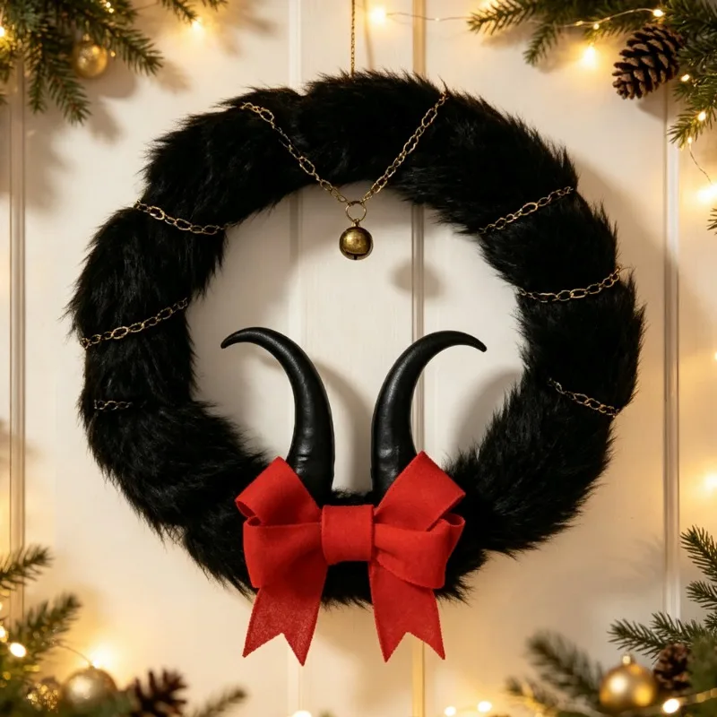 Demon Horn Wreath, Dried Rattan Bow Goat Horn Garland, Dark Halloween Decor