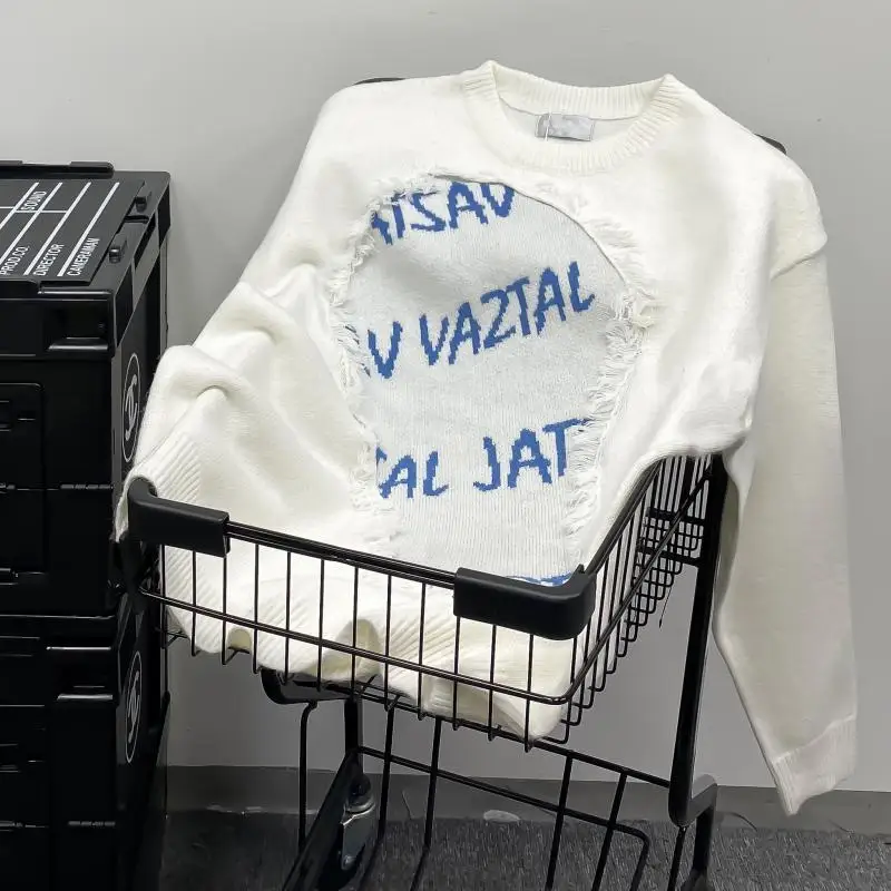 

Autumn winter fashion brand American retro destructive splicing raw edge niche design knitted sweater for male female students