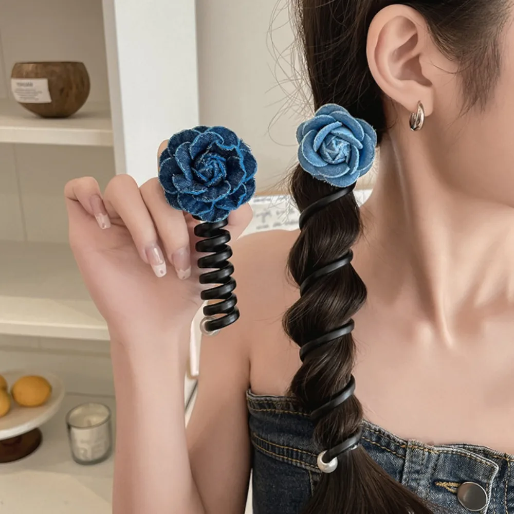 

Sweet Denim Blue Camellia Flower Telephone Wire Line Elastic Rubber Braided Hair Rope For Women Hairband Hair Ring Accessories