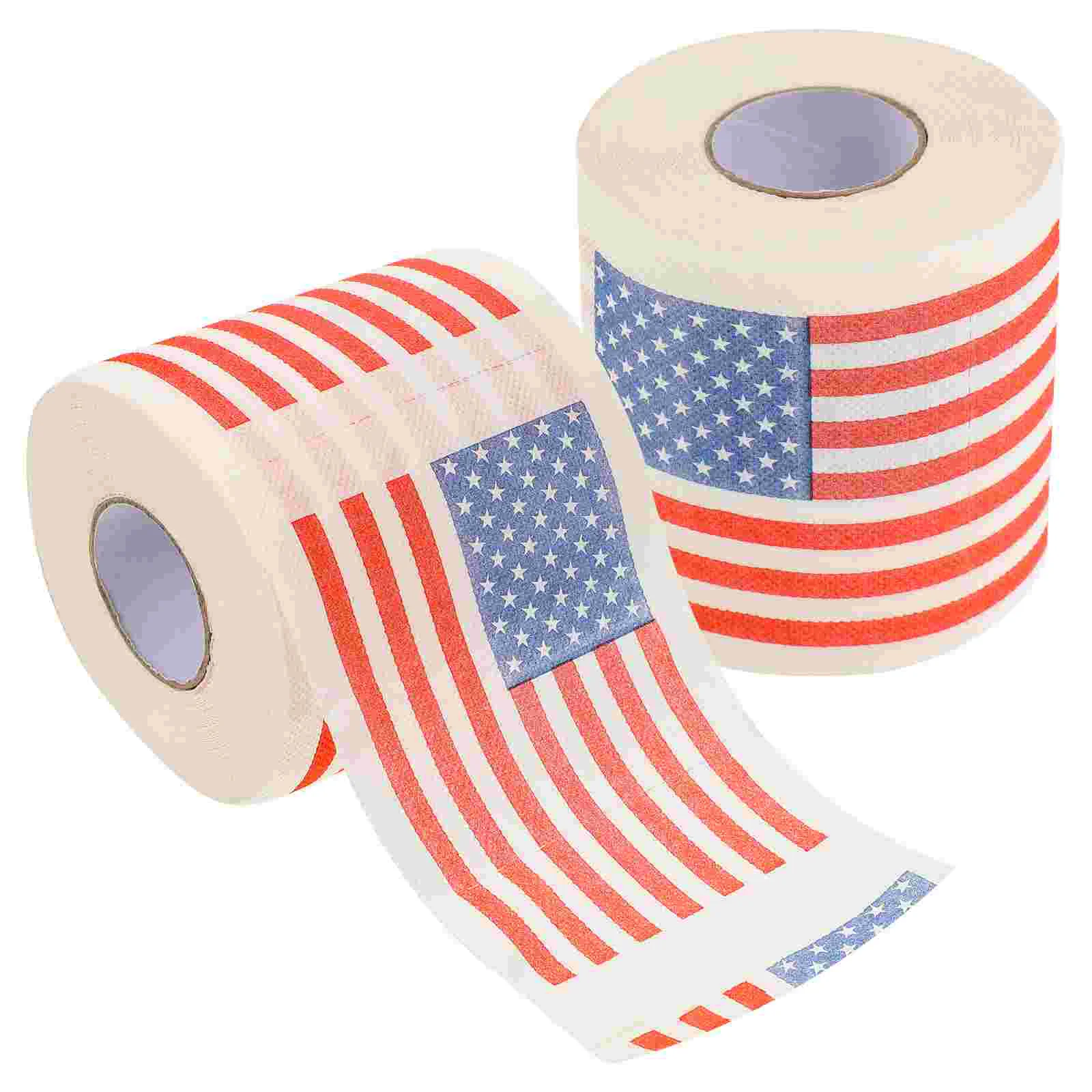 2 Rolls American Flag Paper Pattern Bathroom Toilet Scroll Embossed Design Used Papers Wood Pulp Tissue for