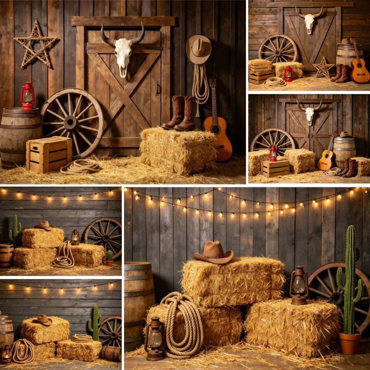 Western Farm Photography Backdrop Rustic West Wooden Board Grass Stack Cactus Carriage Wheel Adult Kid Portrait Photo Background