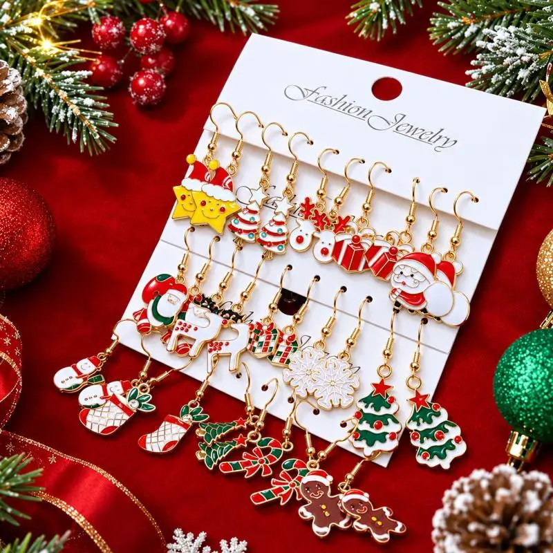 15 Pairs Christmas Earrings Set, Holiday Dangle Earrings with Santa Snowman Reindeer Tree Gingerbread Candy Cane Gifts