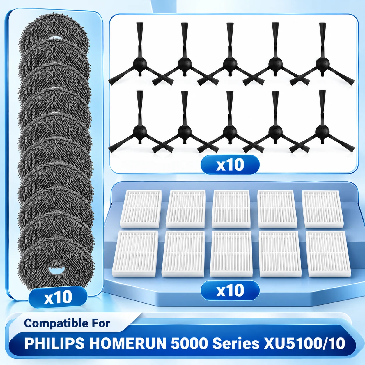 Compatible For PHILIPS HOMERUN 5000 Series Robot Vacuum XU5100/10 Main Side Brush HEPA Filters Mop Cloths Accessories