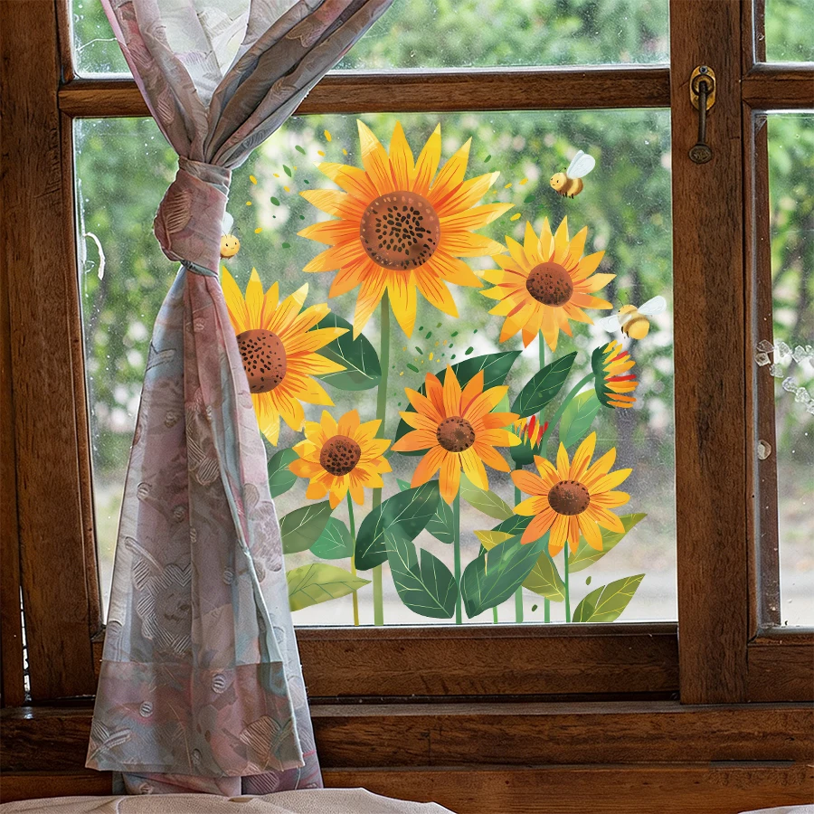 1 Stück Sonnenblumen-Bienen-Fensteraufkleber für Kinderzimmer, Schlafzimmer, Wohnzimmer, wiederverwendbare, abziehbare und aufklebbare Glasaufkleber, Heimdekoration