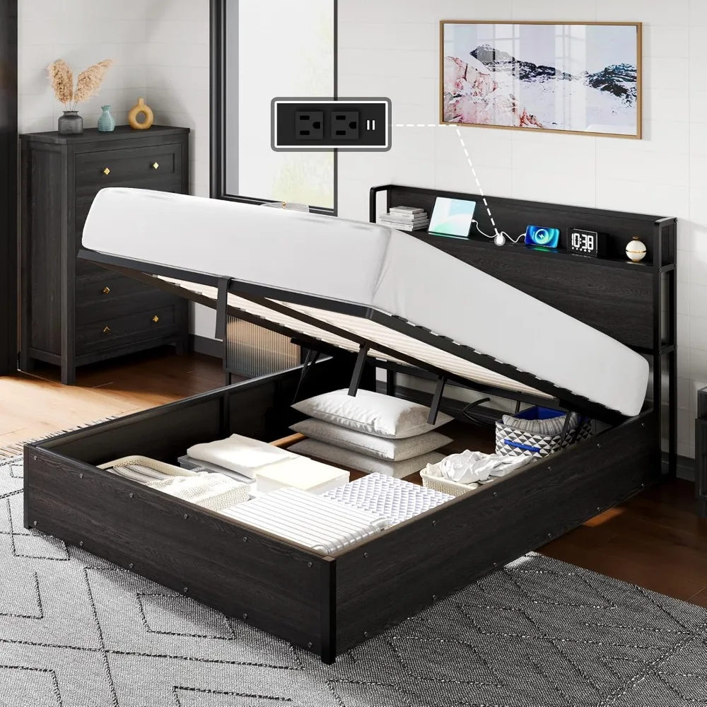 

Queen Size Lift Up Storage Bed Frame, Wooden Platform Bed Frame with Lifting Storage & Charging Station, Customized