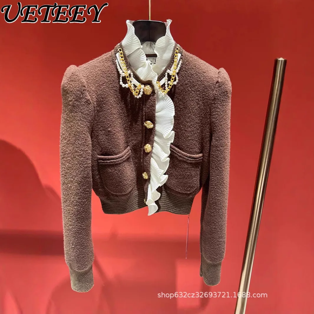 

Autumn and Winter New Ruffle Edge Knitted Cardigan Sweater Temperament Retro Beaded Stand-up Collar Long-sleeved Short Coat
