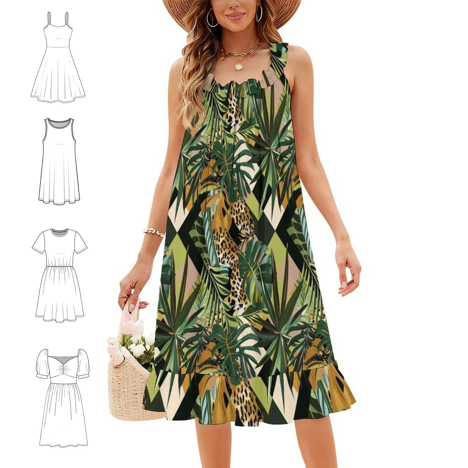 Wild Green Abstraction Preppy Style Mini Dress For Women A-Line Loose Fit Casual Day Dress Jungle Leaves Green Tropical