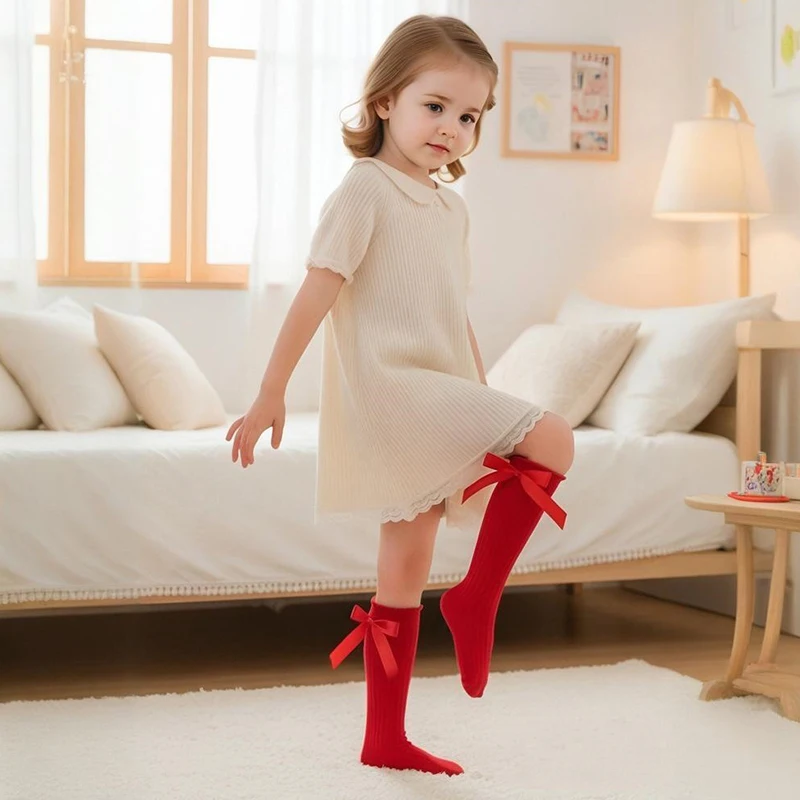 Fashion Princess Girls Frilly Sock Big Bows Knee High Children Cotton Socks Cute Infant Long Socken Baby Accessories