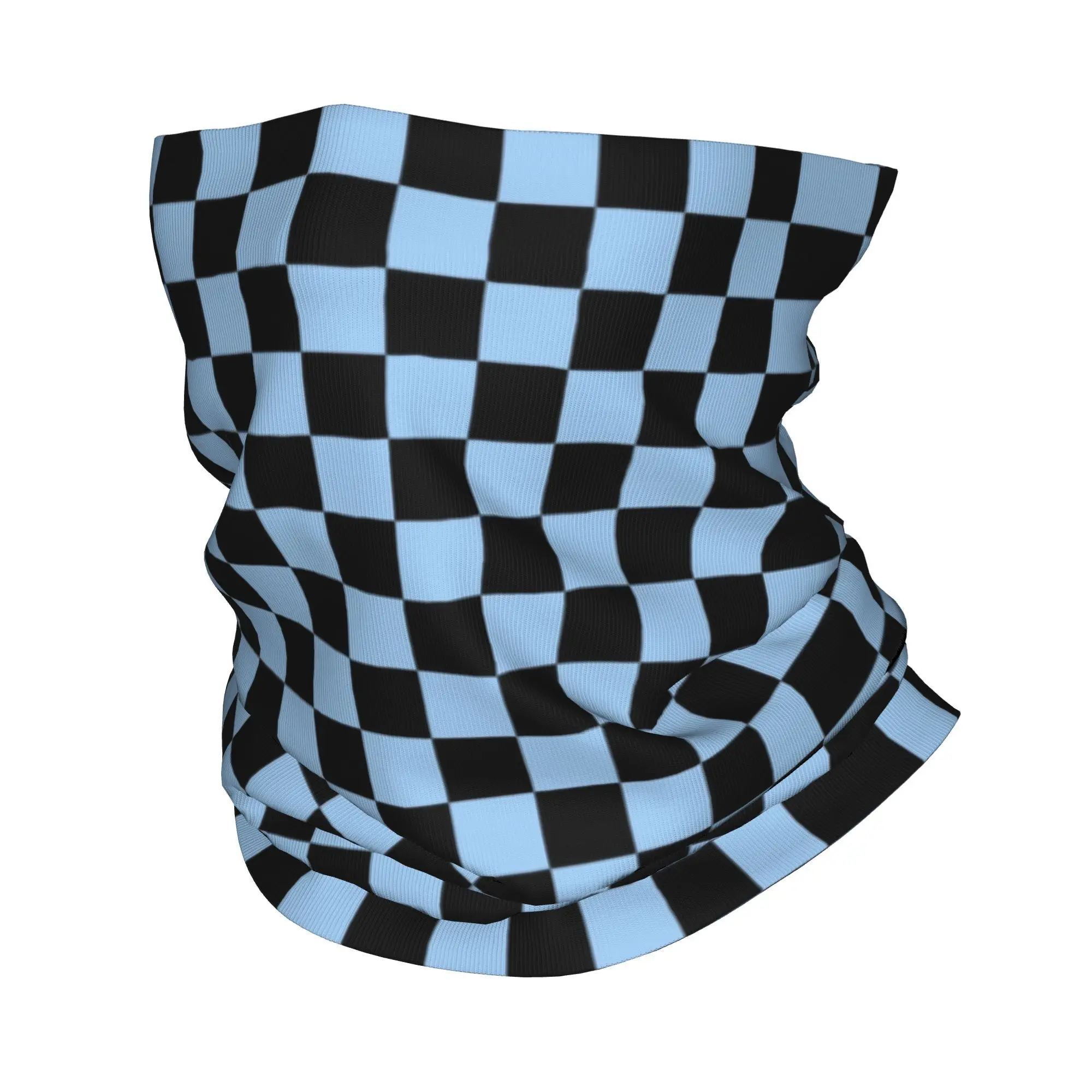 Custom Black and Baby Blue Checkerboard Bandana Winter Neck Warmer Men Wrap Face Scarf for Ski Plaid Geometric Gaiter Headband