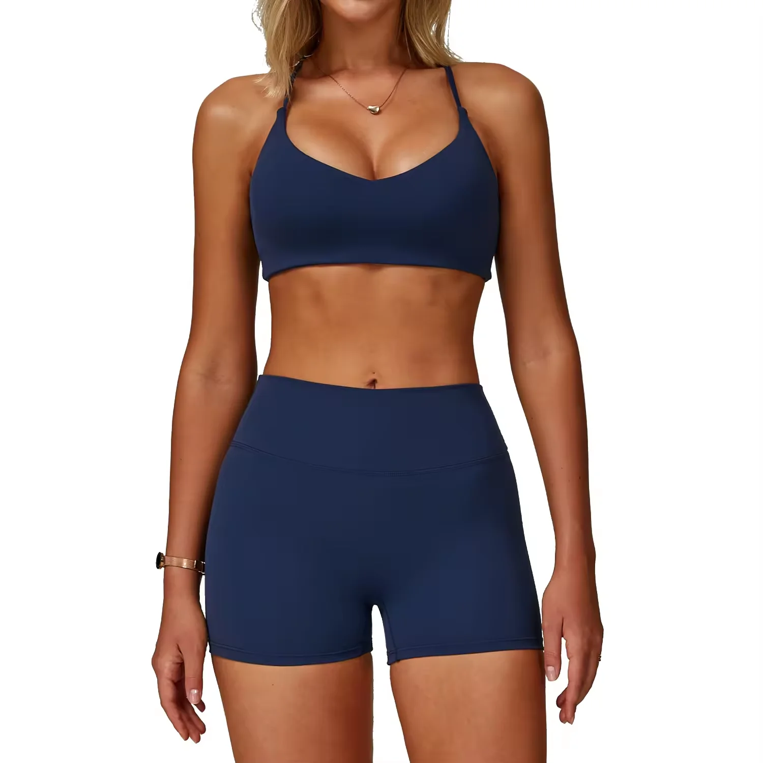 Women's High Waist Quick Dry Yoga Shorts Bra Set Compression Soft Elastic V-Neck Adjustable Straps Breathable Lightweight Solid