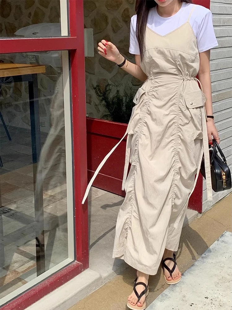 ชุดเดรสยาวทรงเอวสูงแบบจีบพลีทสไตล์วินเทจสำหรับฤดูร้อน  ช่วยกระชับสัดส่วน  สายรัดปรับได้  แฟชั่นสำหรับผู้หญิง