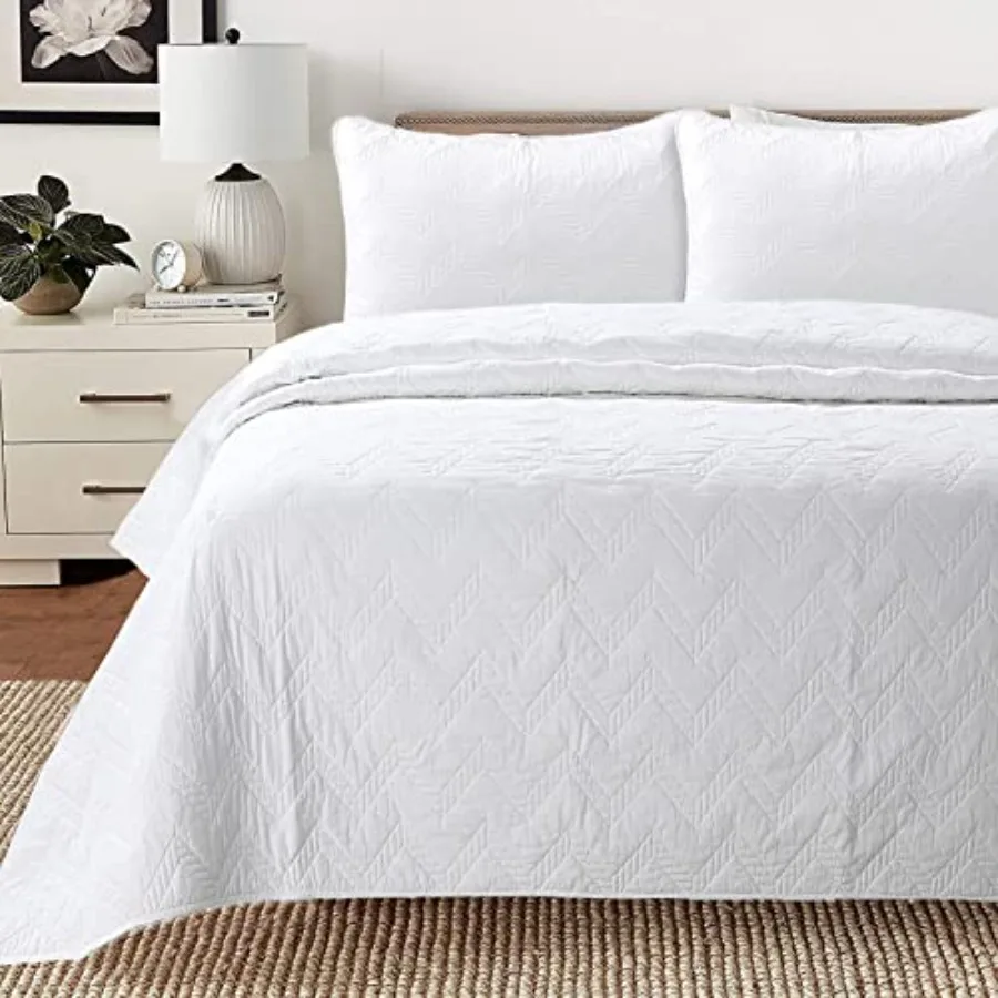 

100% Cotton Geometric Modern Zig Zag Stitch Solid White Quilt Bedding Set Coverlet Bedspread Lightweight for All Season piece