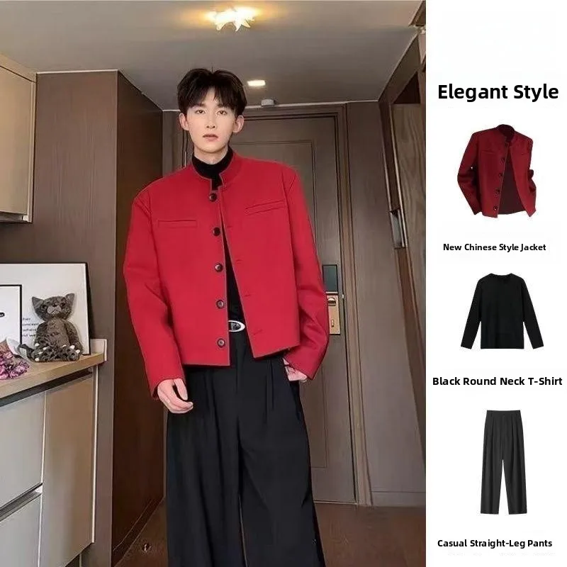 

Новый китайский мужской костюм ort Pad oulder Slim Fit Jaet винно-красного цвета молодежная модная верхняя одежда весенне-осенний сезонный костюм