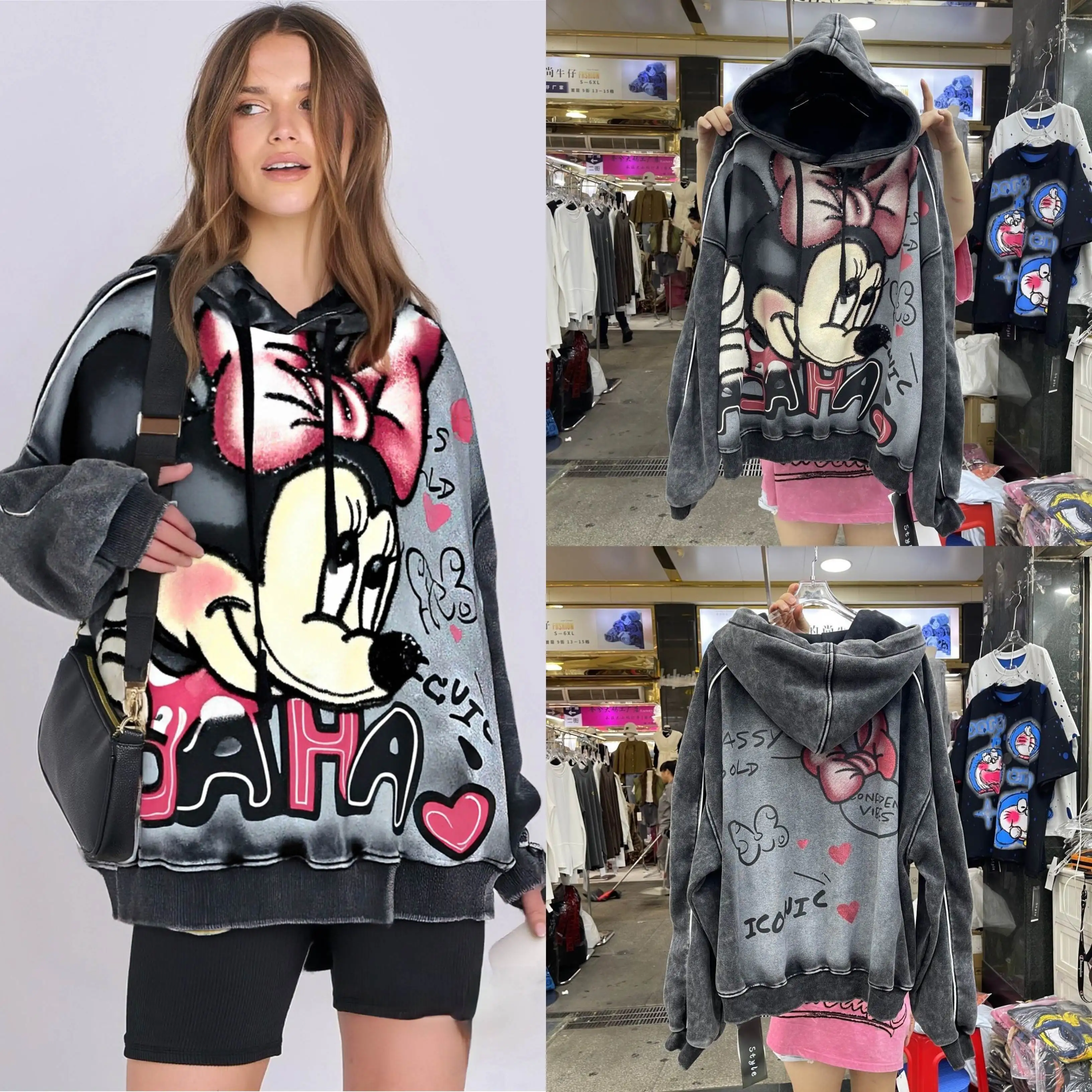 

European and American fashion brand autumn and winter women's hoodie hooded cover with thick velvet and cartoon printed top