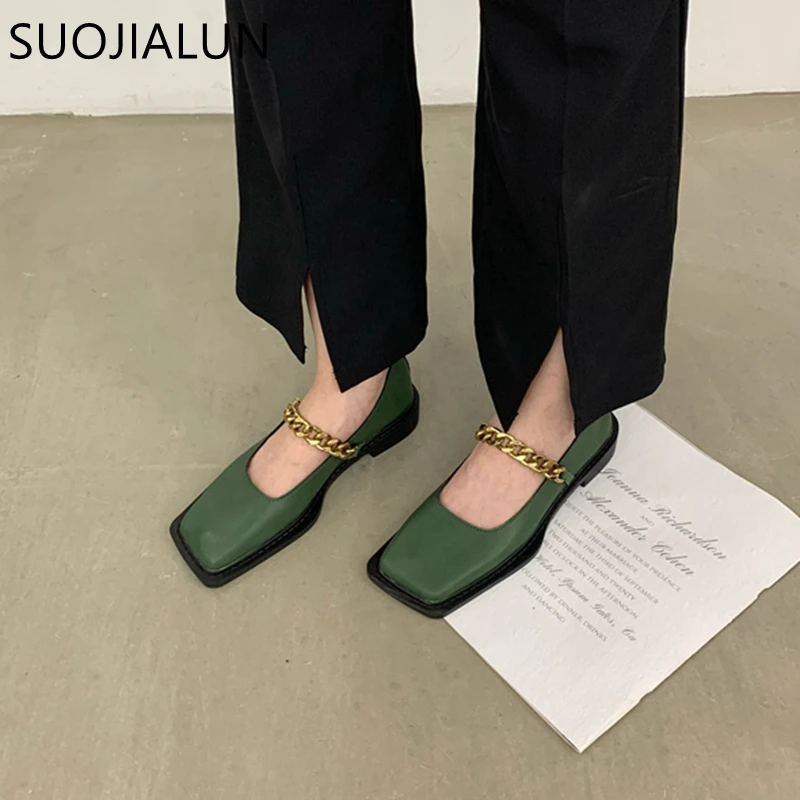 SUOJIALUN 2022 Autumn  Flat Heel Women Loafer Shoes Fahion Square Toe Slip On Shallow Ballerina Shoes Female Ballet Zapatos Muje