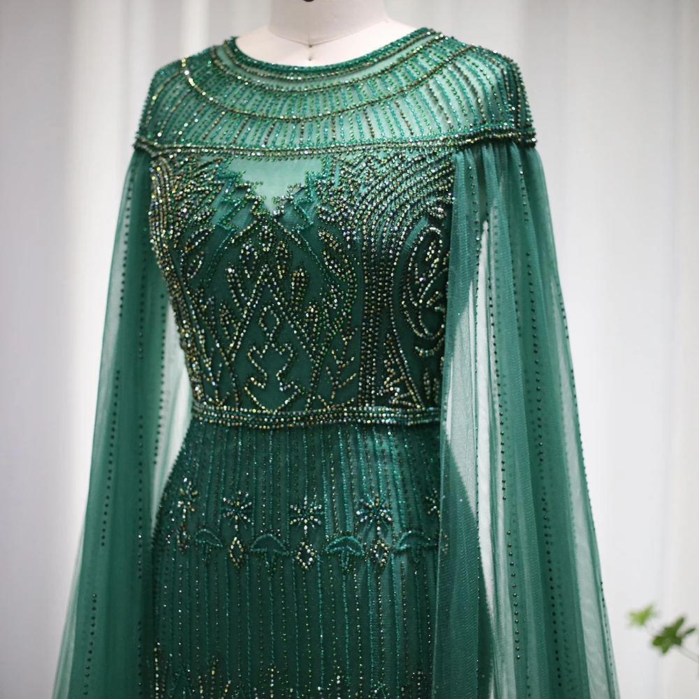 럭셔리 골드 머메이드 두바이 이브닝 드레스 케이프 슬리브 아랍어 핑크 플러스 사이즈 정장 파티 드레스 여성용, 웨딩 재고 있음 S204