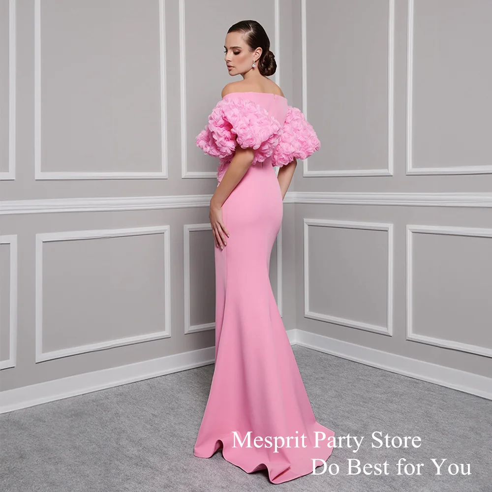 Peach Pink Evening Dress Rose Lace Puff Sleeves V Neck Sweep Train Slit Mermaid Party Gown Saudi Arabian Prom Dresses