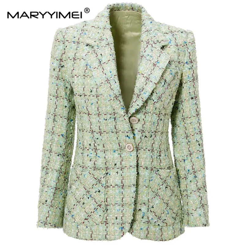 

MARYYIMEI New Fashion Autumn High quality Jacket Single Breasted Turn-Bown Collar Pockets Plaid Green Party Short Jacket