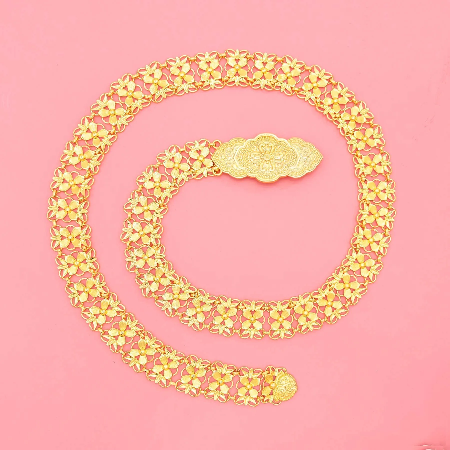 Fashion Golden Metal Carved Hollow Flower Waist Belly Chains Traditional Malaysian Thai Vacation Dress Decoration Body Jewelry