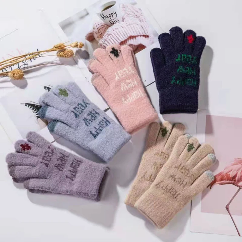 

Winter Mink Fleece Warm Gloves Knitting Student Outdoor Cycling Couple Letter Mittens Women Full Finger Touch Screen Gloves T58