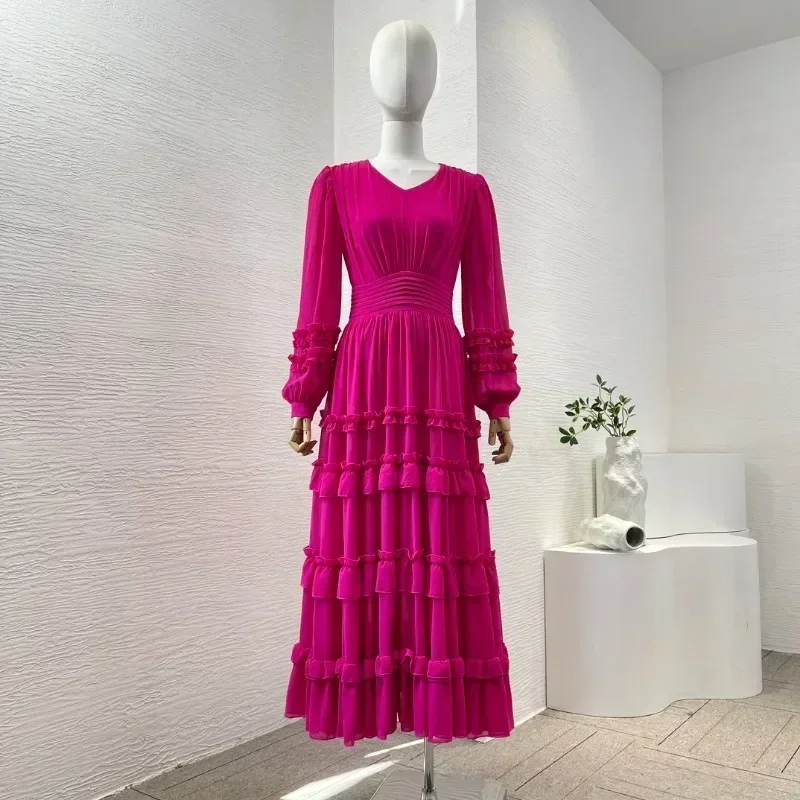 

Rose Red Lace Big Swing Ruched Long Sleeve Midi Dress Chic and Elegant Woman for Summer High Quality Dresses