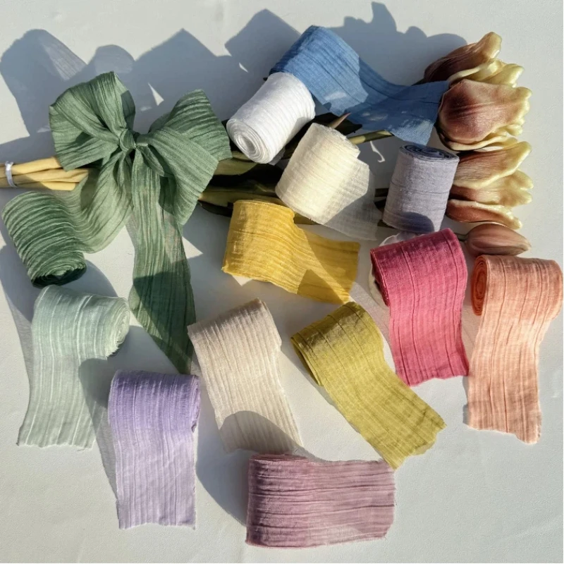 5cmx5m/roll Elegant Striped Pleated Silk Ribbons DIY Simple Solid Color Chiffon Ribbons Packaging Material Wedding Ribbons