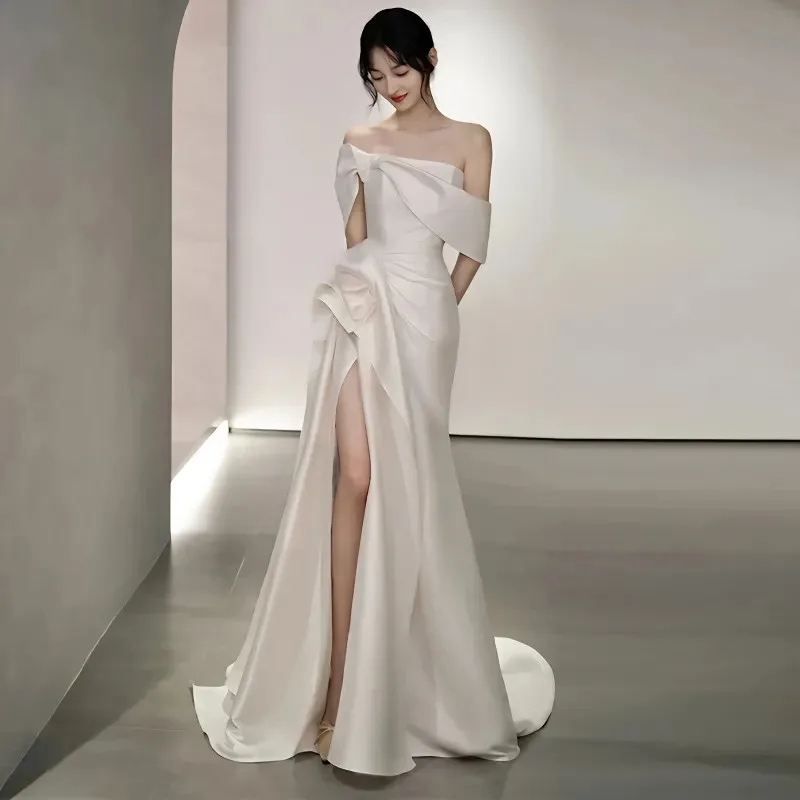 

White Elegant Dress Woman Solid Color Strapless Pleated Slit Long A-line Skirt Sexy Evening Gown M019