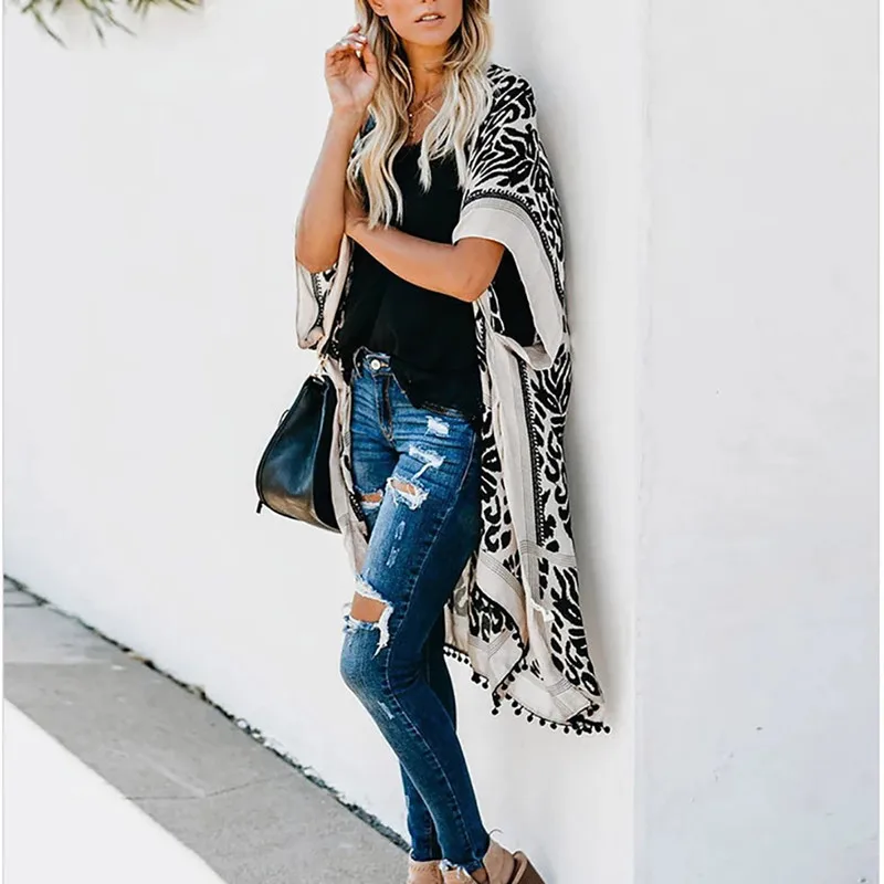 Womens Boho Printed Kimono Beach Cover Up Fashionable Summer Open Front Loose Cardigan Top With Tassel Thin Jumper Tops Holiday