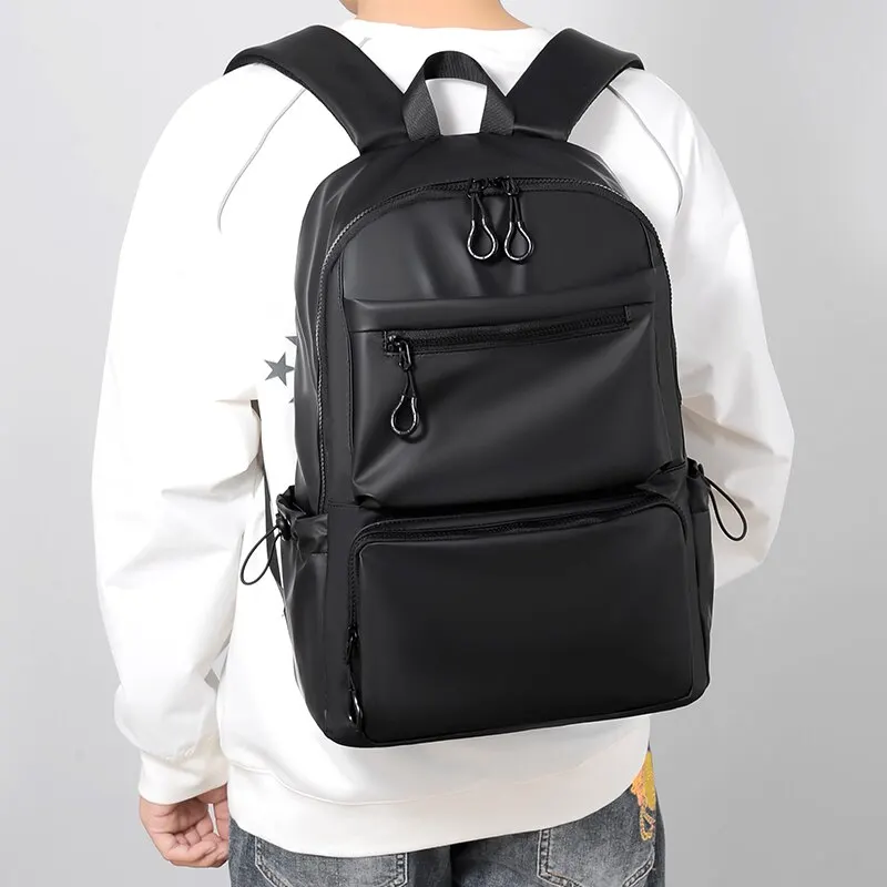 A 14 Inch Men\'s Backpack Large Capacity Travel Leisure Solid Color Pu Computer Backpack Fashion Men And Women Students Schoolbag