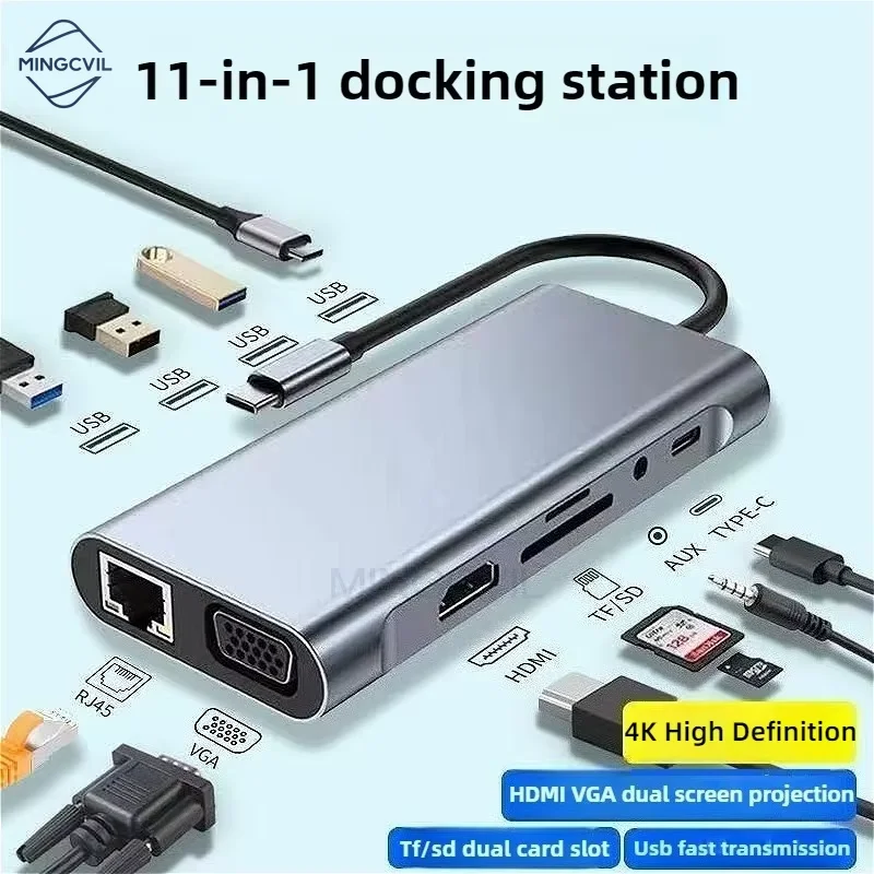 

Док-станции 11-в-1, адаптер типа C HUB-HDMI, разветвитель 4K USB 3,0, адаптер для ноутбука с PD SD TF RJ45 для Mac для Xiaomi