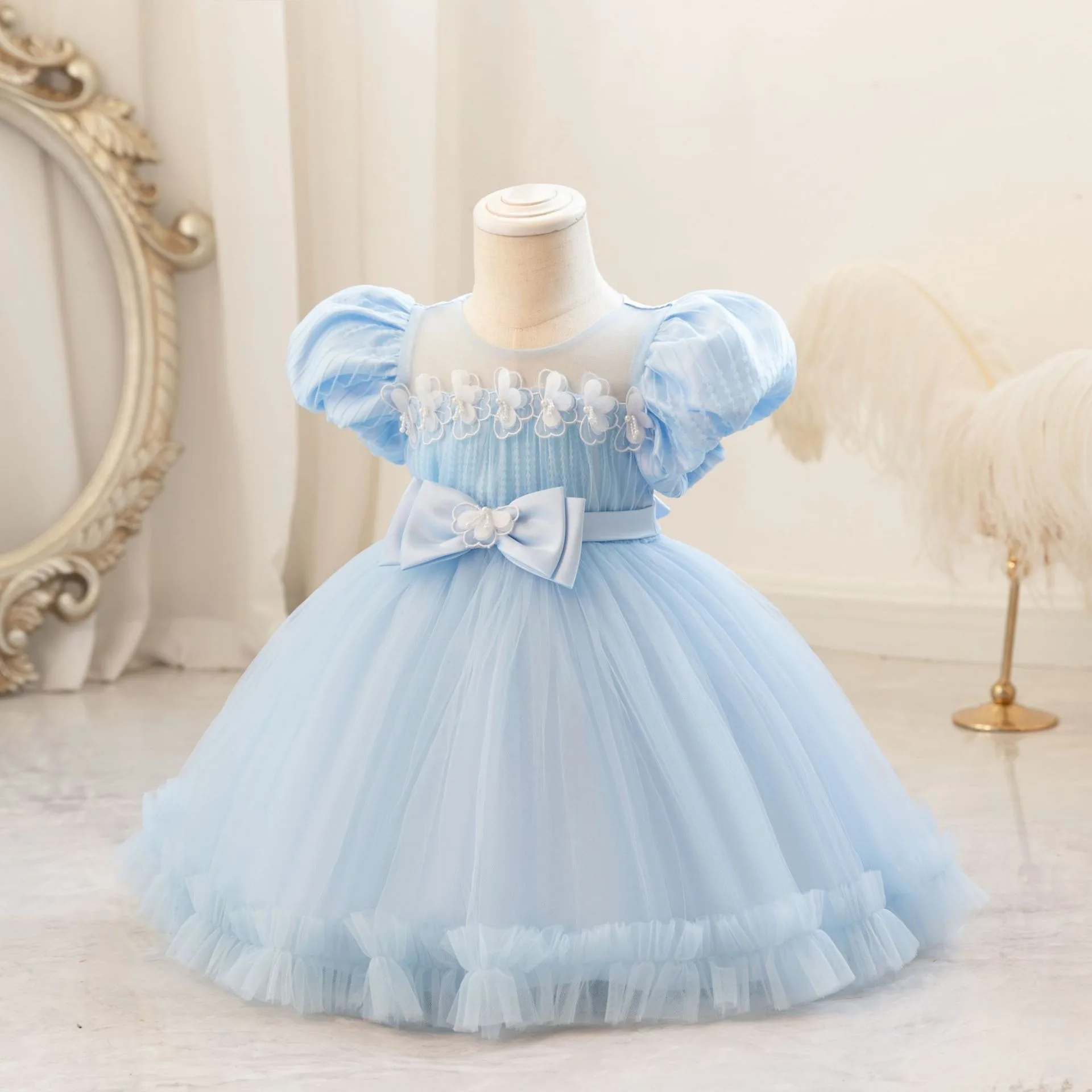 0-4 Years Old Blue Bow Butterfly Baby Girl Dresses Little Girl Toddler Vestidos 12 24 36 Months Infant Clothes 247008