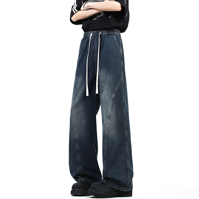 กางเกงยีนส์ขากว้างทรงหลวมสไตล์สตรีท ล้างสี รุ่นใหม่ ฤดูใบไม้ร่วง ปี 2025 สำหรับผู้ชายสูง 190 ซม. เอวยางยืด ความยาวพิเศษ 115 ซม. สวมใส่สบายๆ