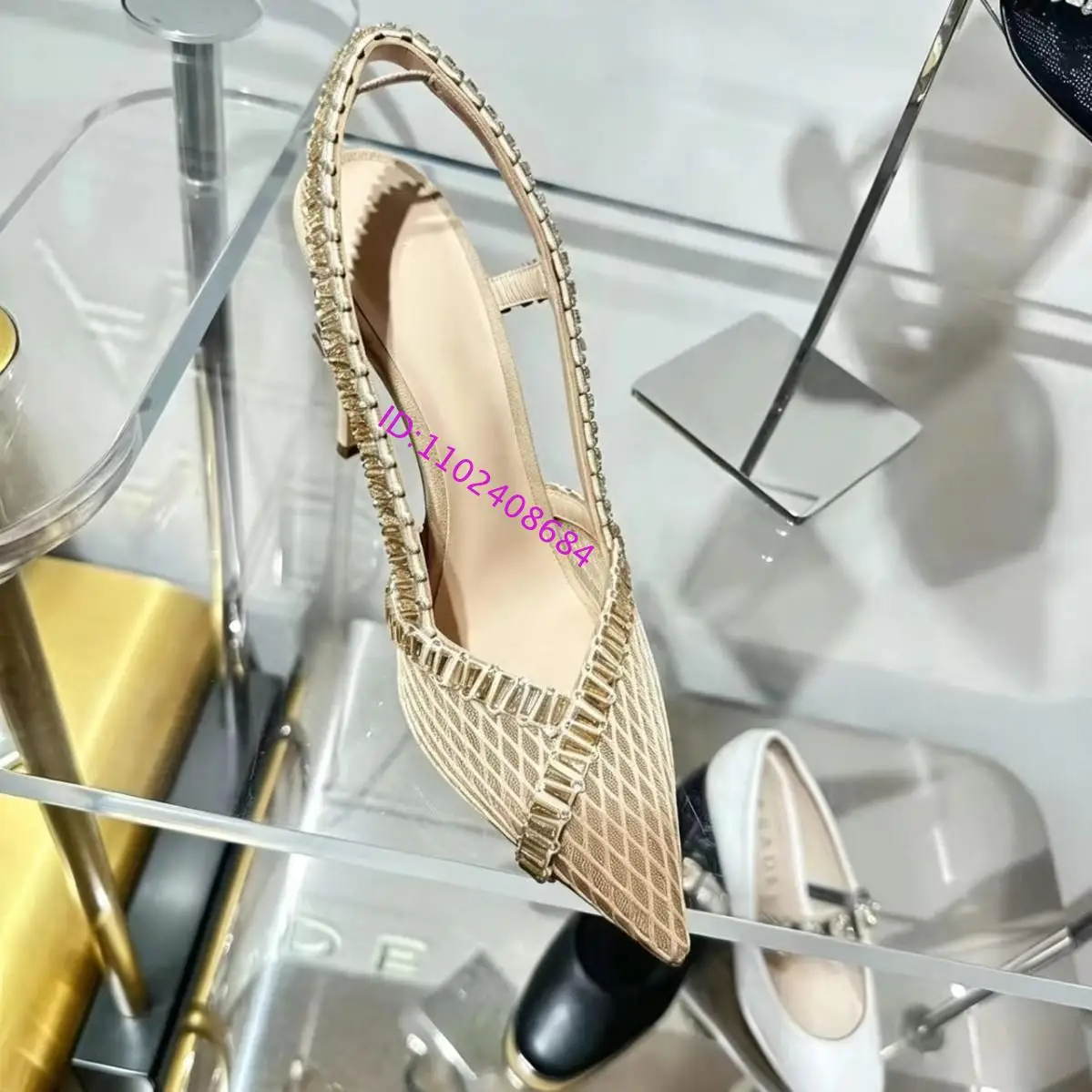 Designer Women High Heel Mesh Weaving Pointed Toe Back Strap Slim High-Heel Sandals Rhinestones Strap High Heel Slingback Sandal