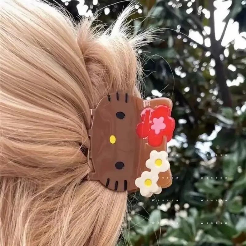 Kawaii Sanrio Y2K Anime Black Leather Hello Kitty Hair Clip Cartoon Cute Girl Big Clip Hair Bun Hairpin Hair Accessories Gift